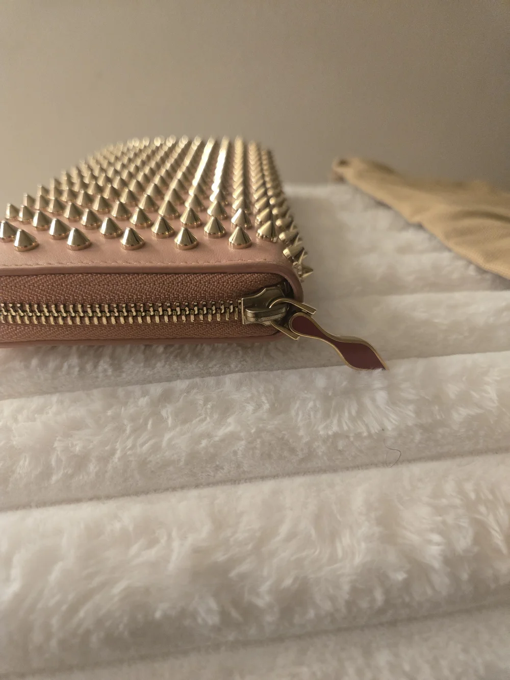 Christian Louboutin Blush Pink Studded Zip-Around Wallet with Gold Spikes